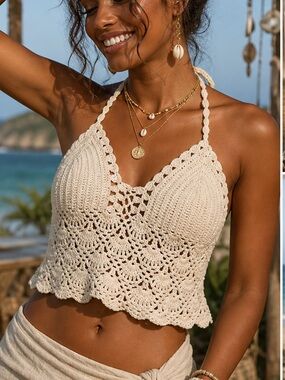 100% Cotton Summer Festival Cropped Crochet Halter Top Size S Handmade Bone Boho